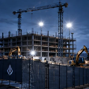Obra en construcción iluminada de noche